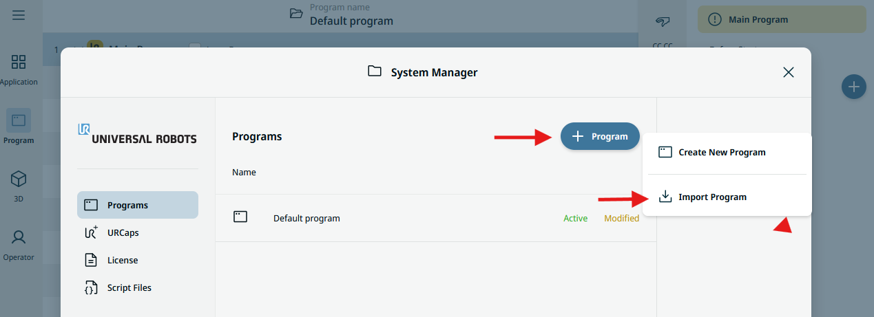 Polyscope X program import dialog